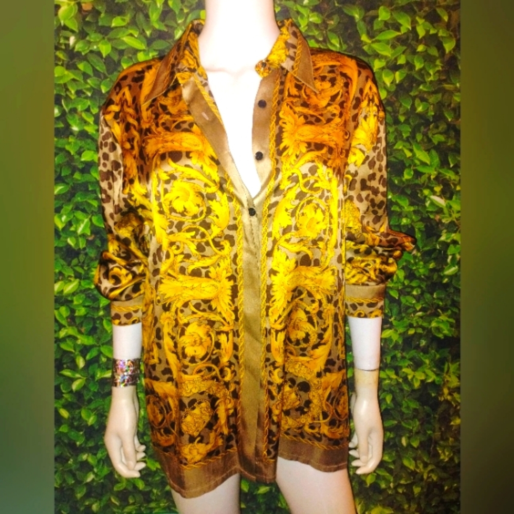 Gorgeous Silk Sharagano Baroque Animal Leopard Print Button-Up Blouse Shirt Sz M